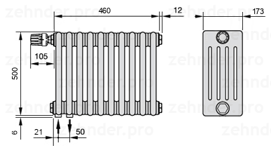 Схема (чертеж) Радиатор Zehnder Charleston 5050/10 №V001 Белый глянцевый RAL 9016